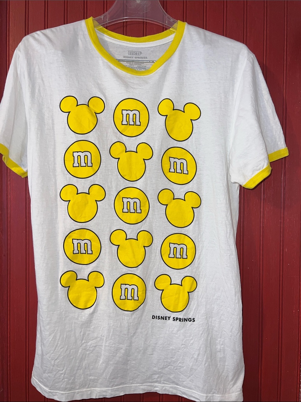 RARE White & Yellow Mickey M&M Graphic Ringer Tee M